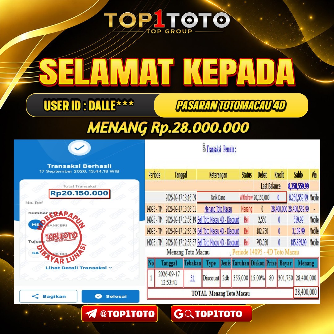 TOP1TOTO JACKPOT TOGEL PASARAN TOTOMACAU 4D Rp.28.000.000 - LUNAS USER ID : DALLE***