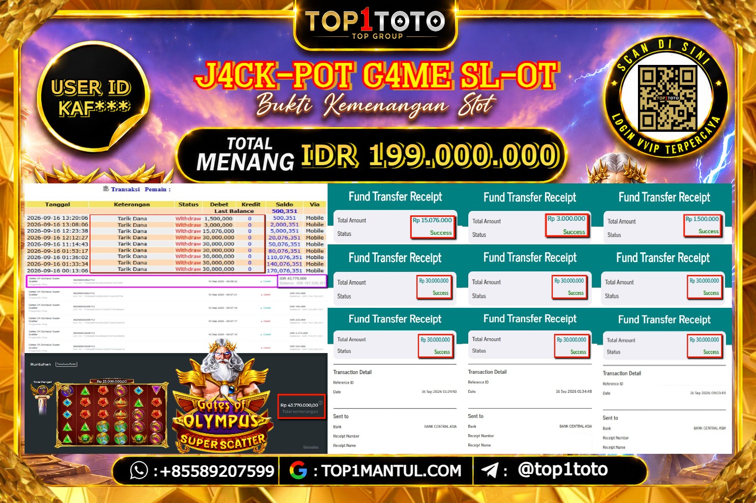 TOP1TOTO JACKPOT SLOT GATES OF OLYMPUS SUPER SCATTER Rp.199.000.000 - LUNAS USER ID : KAF***