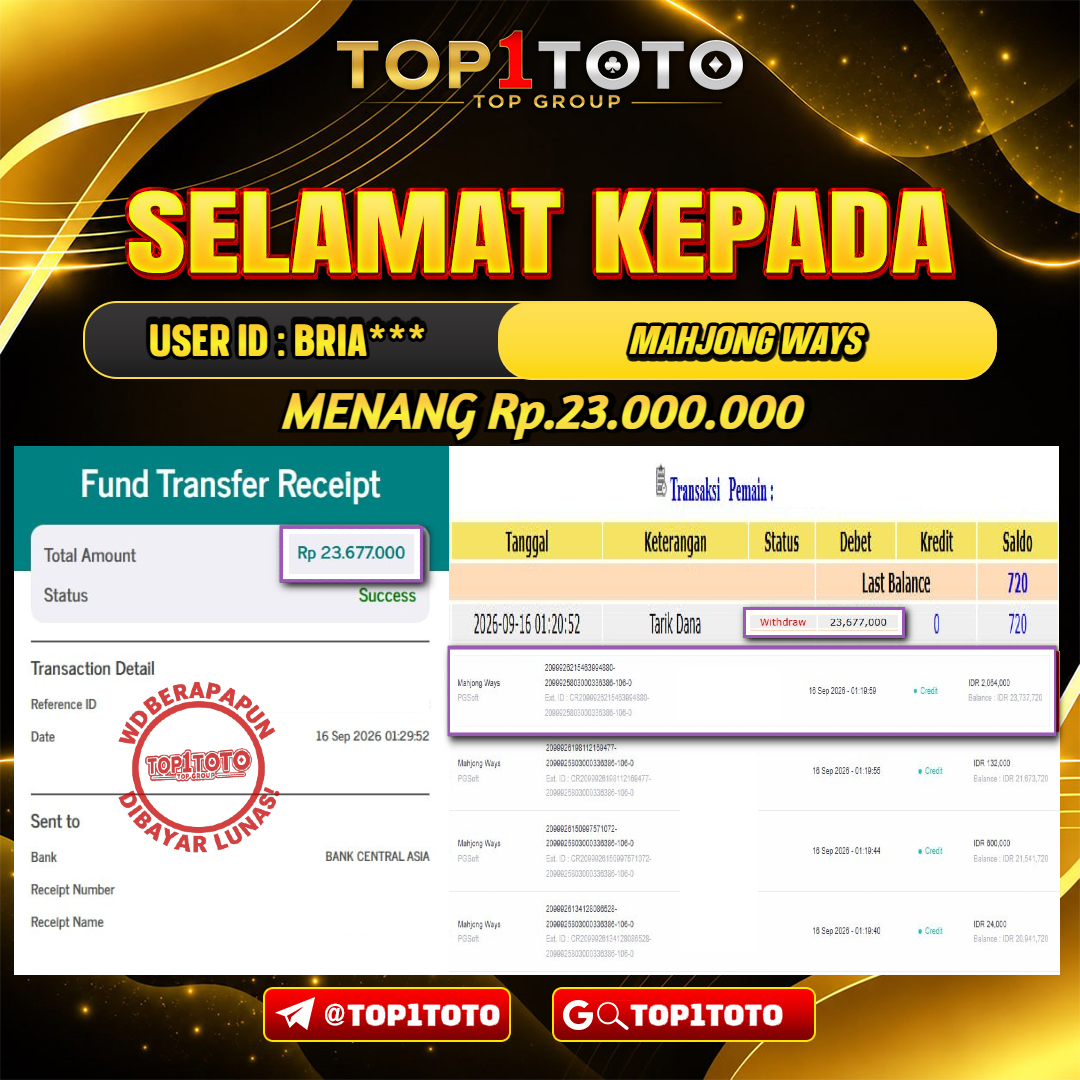 TOP1TOTO JACKPOT SLOT MAHJONG WAYS Rp 23.000.000 - LUNAS USER ID : BRIA***