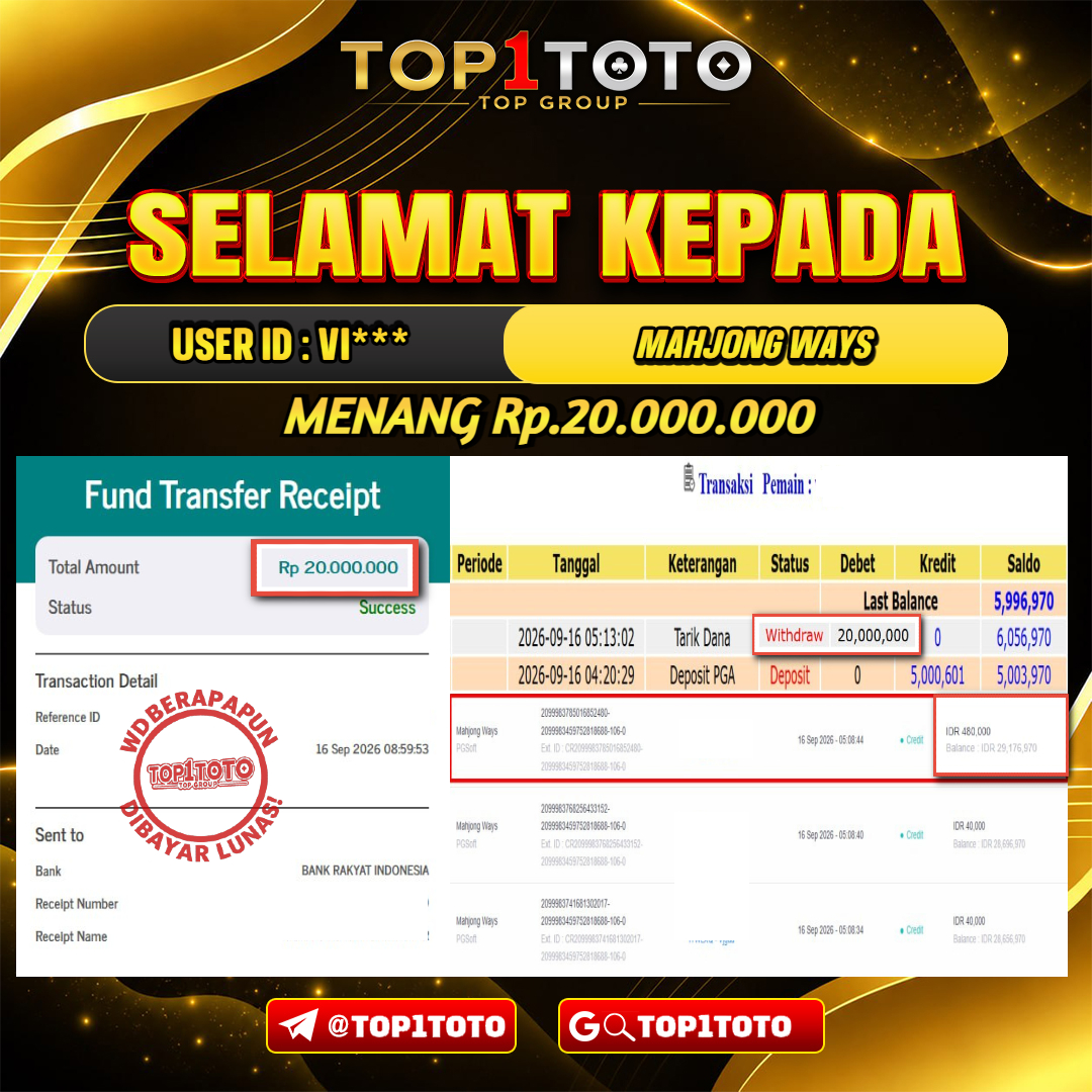 TOP1TOTO JACKPOT SLOT MAHJONG WAYS Rp 20.000.000 - LUNAS USER ID : VI***